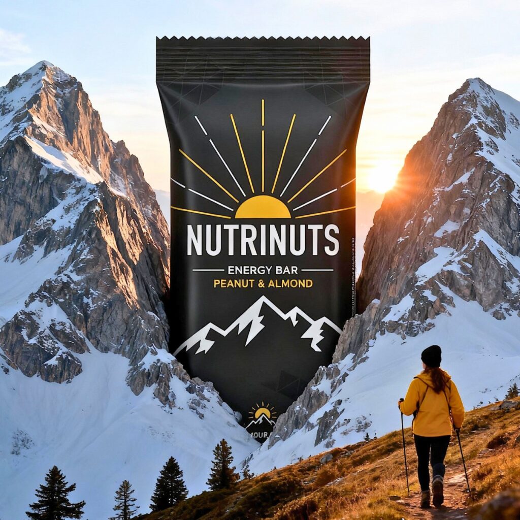 nutrinuts_ki_route2 Ki Bild von einem Energieriegel in der größe eines Berges, schaut zwischen zwei Bergen hervor, eine Frau ist in der rechten unteren Ecke zu sehen, sie wandert von der Kamersa weg einen berg hinauf und schaut zum Riegel