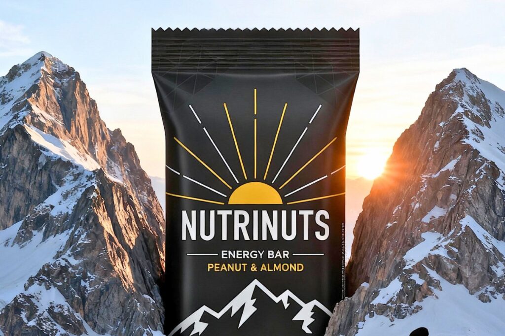 Ki Bild von einem Energieriegel in der größe eines Berges, schaut zwischen zwei Bergen hervor, eine Frau ist in der rechten unteren Ecke zu sehen, sie wandert von der Kamersa weg einen berg hinauf und schaut zum Riegel