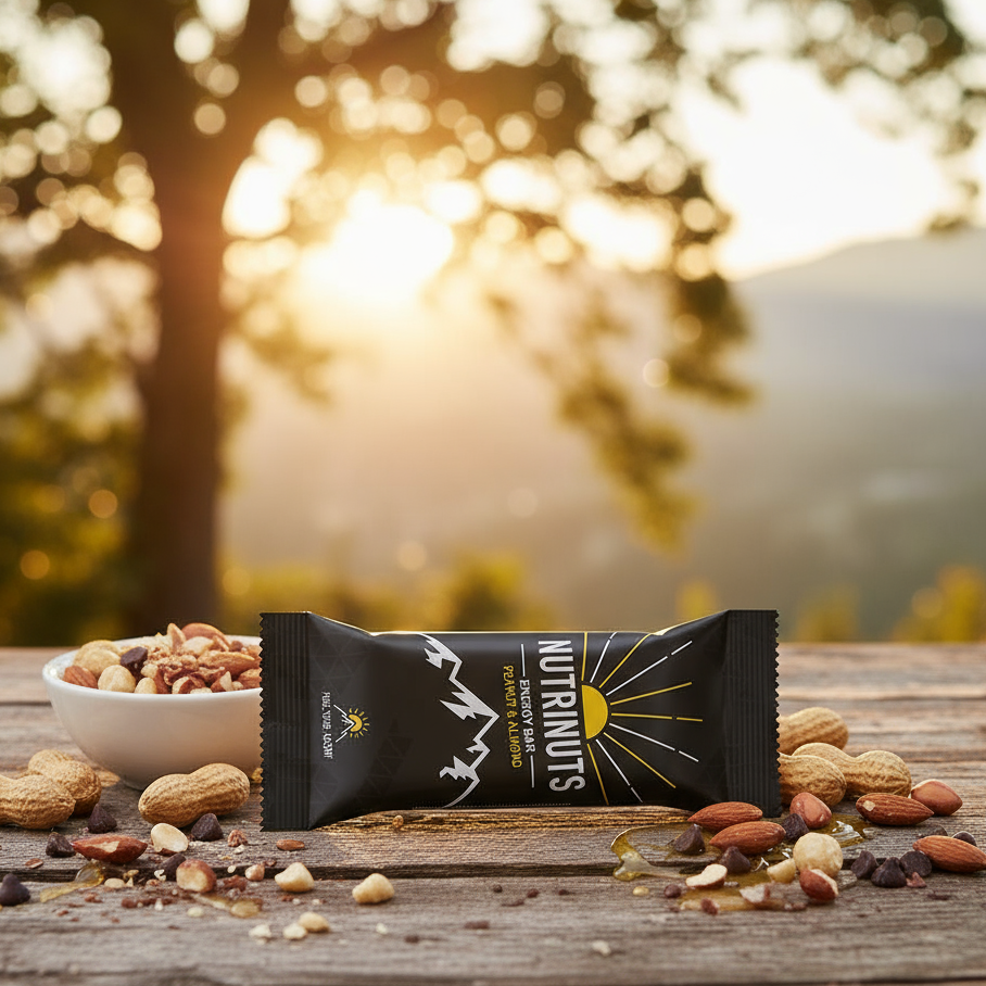 nutrinuts_route1 KI Bild eines Energieriegels der auf einem Tisch ziwschen Nüssen liegt, im Hintergrund ist unscharf ein baum zu sehen und eine aufgehende Sonne